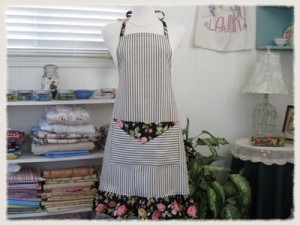 Black Ticking Vintage Style Ruffled Bib Apron 1