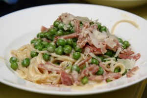 spaghett, ham and peas, photo by LdV