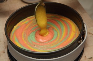 lemon pound cake, colored with gel colors in a zebra pattern, photos by Laurens de Vries of www.laurens.com