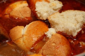 chunks of bread, just added to garlic and chorizo soup, photo by LdV