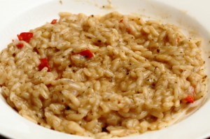 spicy red risotto with chili pepper from the garden