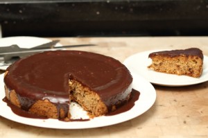 hazelnut chocolate cake covered with real melted chocolate