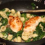 pan fried chicken with spinach and pasta