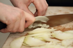 slicing onions for soup