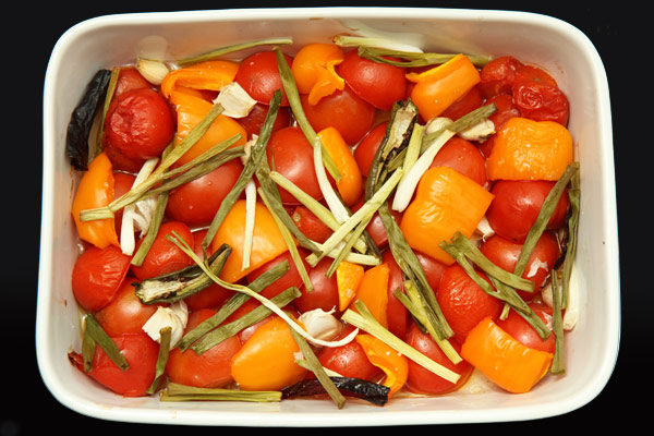 vegetables in casserole dish, after about 45 minutes of roasting