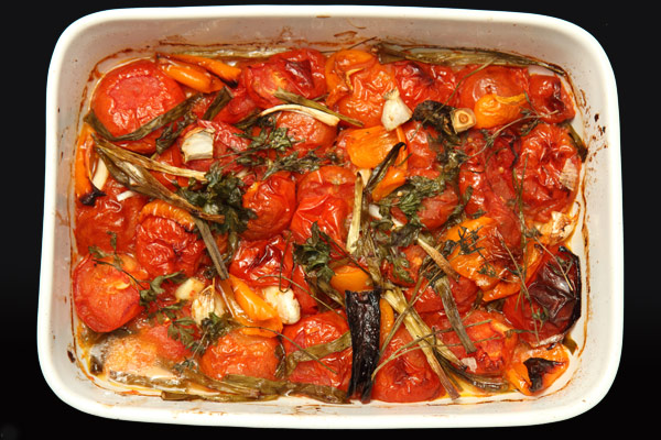Roasted vegetables done and ready to be processed into sauce. 
